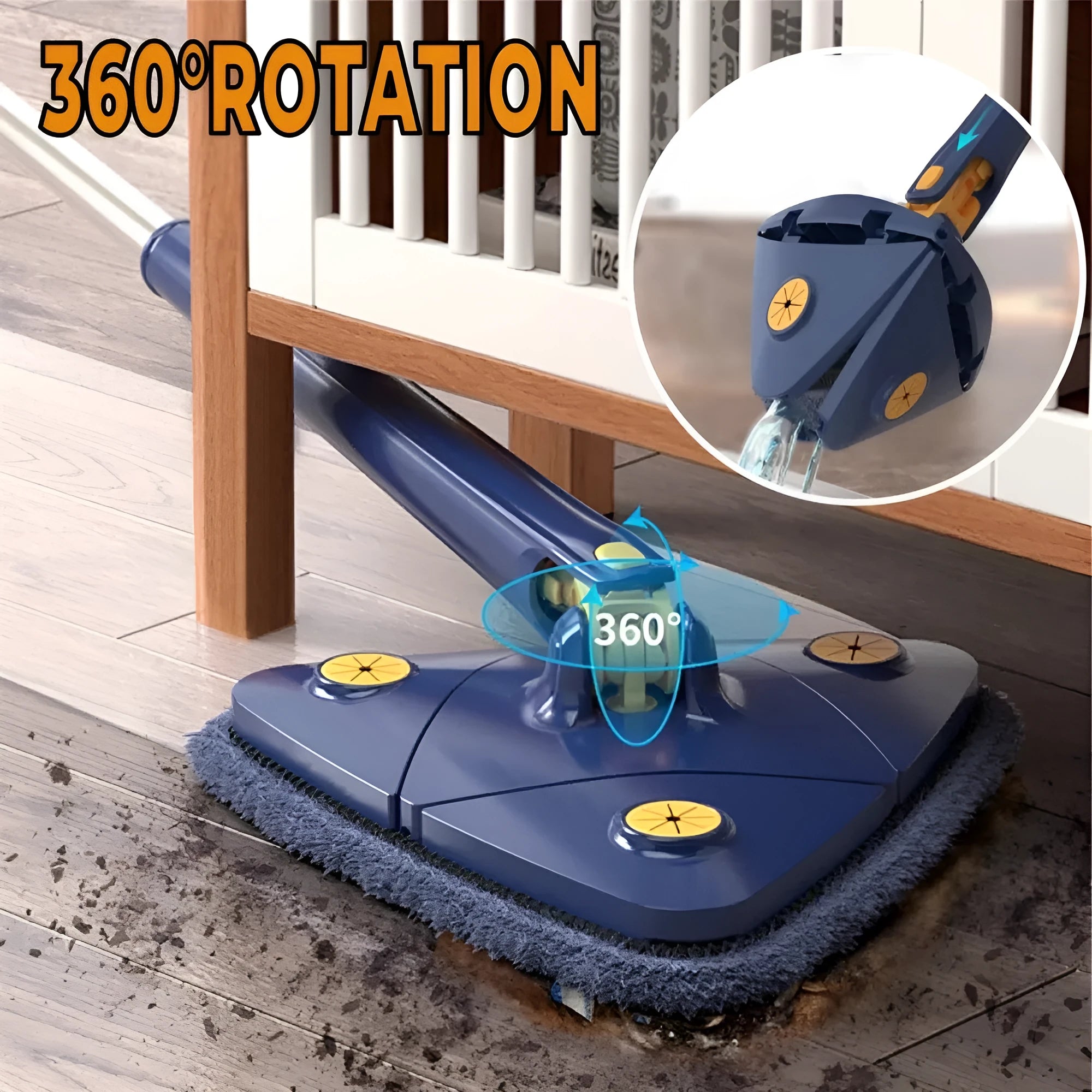 Blue extendable triangle mop with rotating head and stainless steel pole for floor and wall cleaning