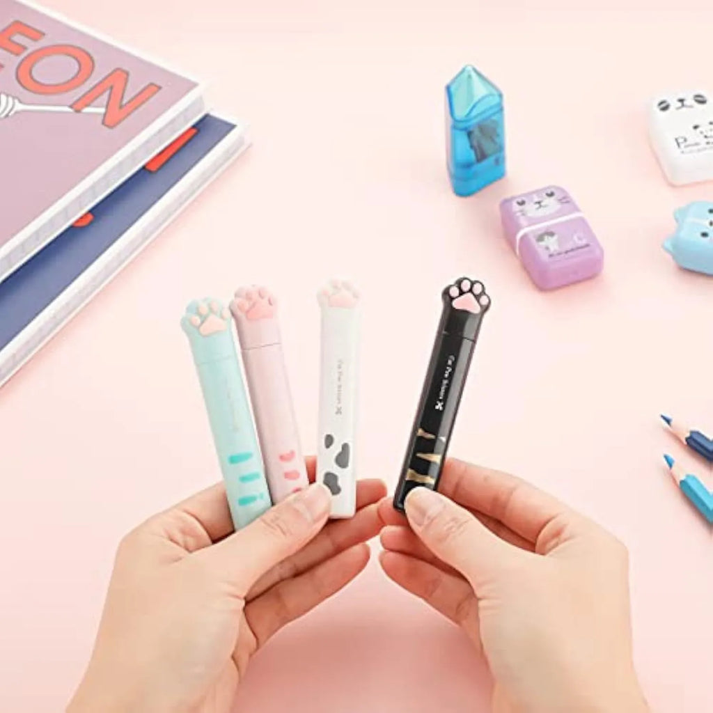 Cat paw mini folding scissors in four colours showing stainless steel blades and compact 8.7cm size