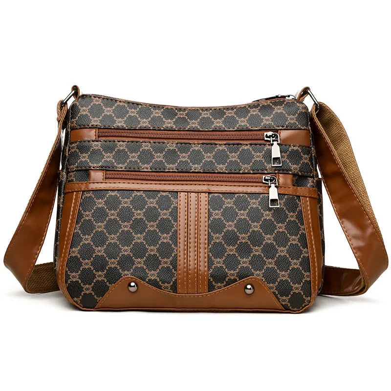 Brown women's crossbody bag with stitching pattern and shoulder strap