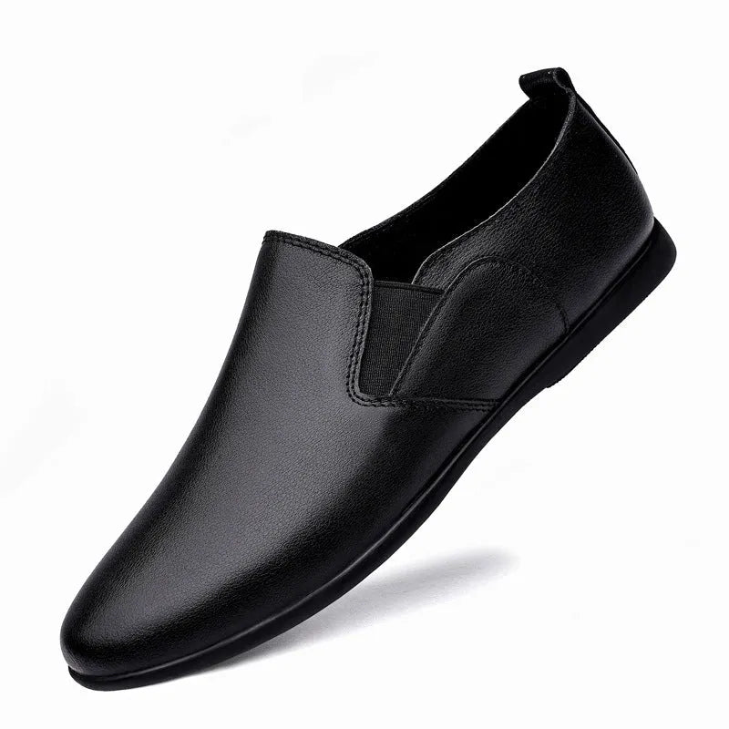 Men's black leather business casual shoes with round toe and breathable construction