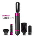 Dyson grey 5-in-1 hot air hair dryer brush with multiple brush attachments on a white background.
