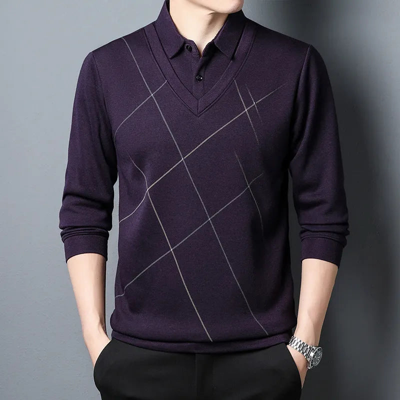 Men's long sleeve fake two-piece plaid t-shirt in grey, magenta blue, or purplish red, sizes M to XXXL