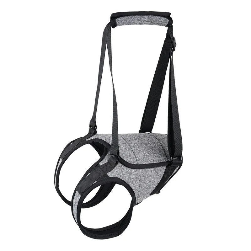 Grey neoprene dog rear leg recovery support belt showing adjustable design for injured dogs