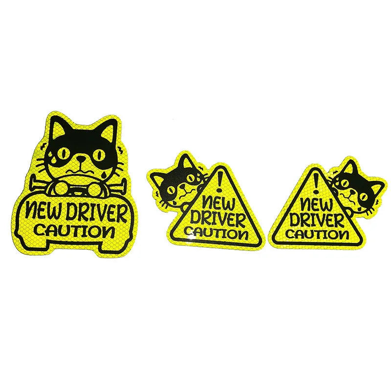 Set of three magnetic reflective car stickers featuring cat, panda, and duck designs on a car window.