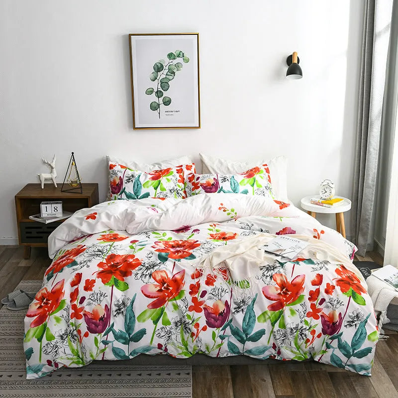 Polyester quilt cover set with pillowcase and bed sheet in white check or floral pattern, AU EU US sizes