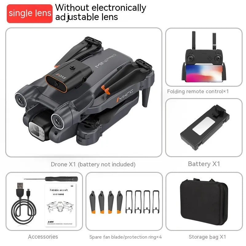 Black and orange quadcopter with HD camera, folded to 4.5 cm size, showing remote control and spare blades