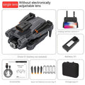 Black and orange quadcopter with HD camera, folded to 4.5 cm size, showing remote control and spare blades