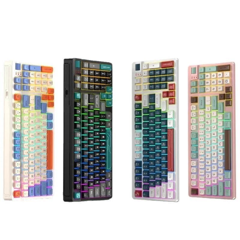 38.5cm wide luminous desktop keyboard with 1.8m cable in four colour options on wooden desk