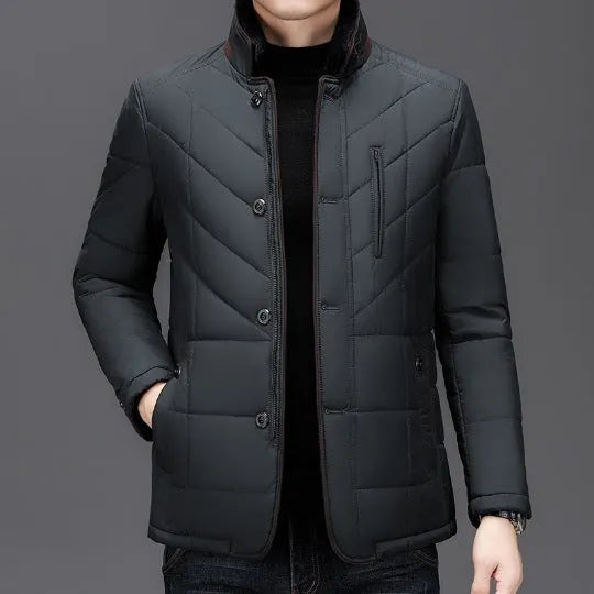 Men's short winter coat in dark blue with side seam pockets and cotton filler, sizes 170/M to 195/4XL