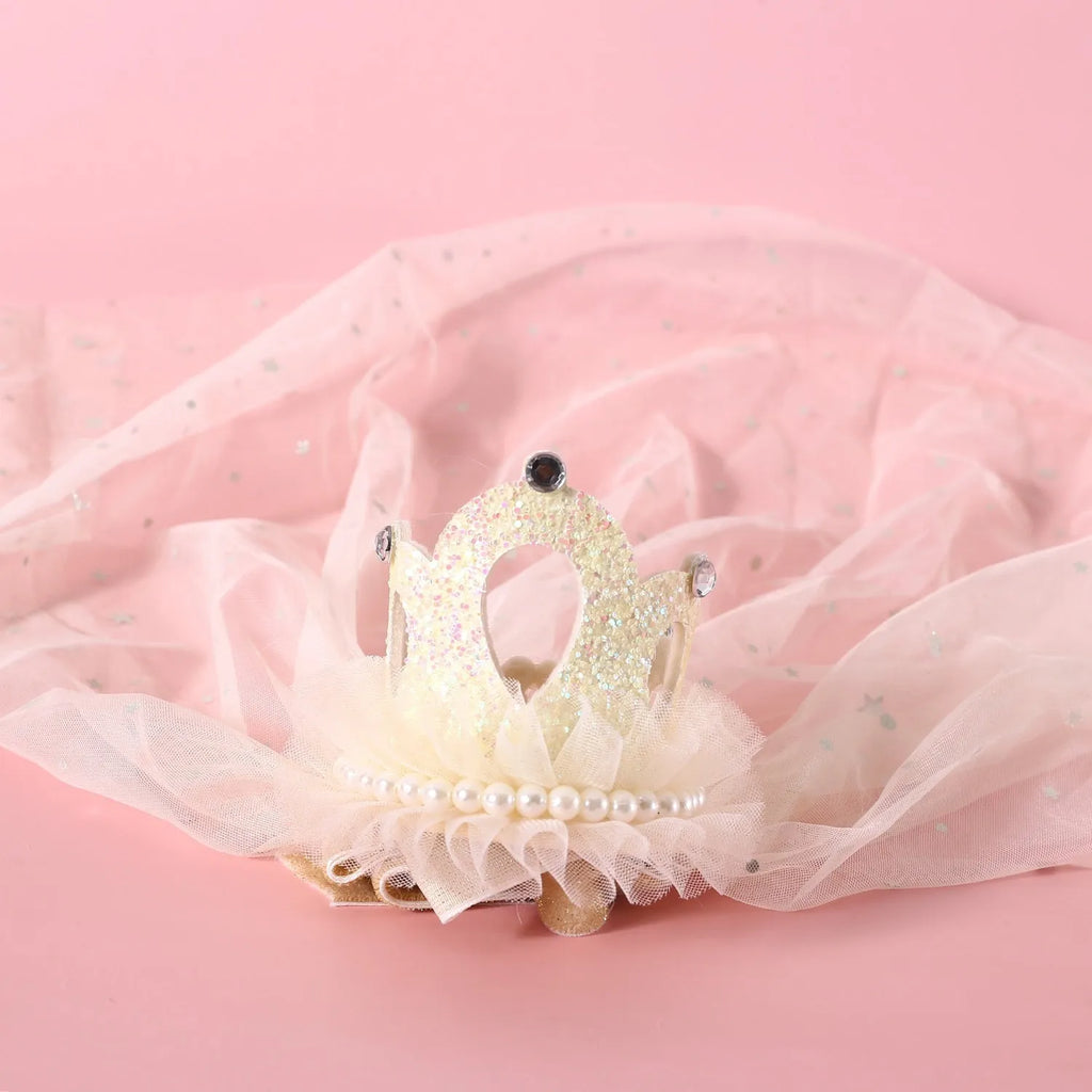 Adjustable princess crown headdress for cats with veil in beige or pink options, cotton-polyester material