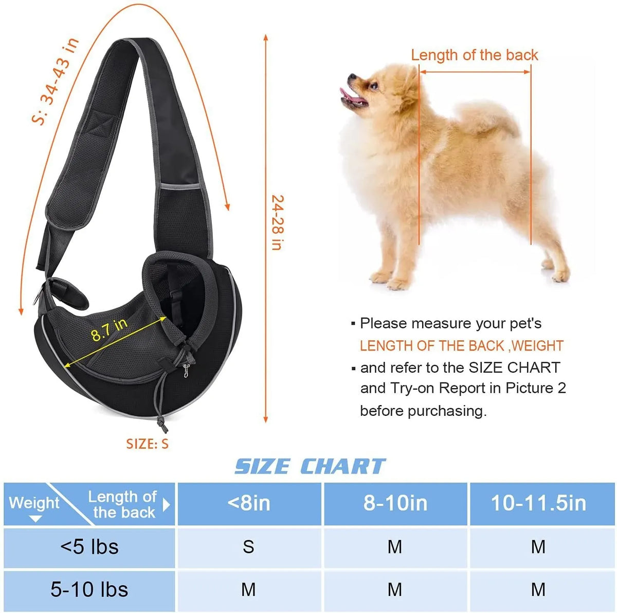Oxford cloth crossbody pet bag for small dogs and cats, sizes S and M, with drawstring and bottom zipper, shown in black, blue, green, orange, or purple.