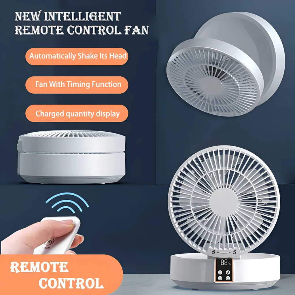 White portable USB rechargeable fan with remote control on a desk, showing its folding head and night light.