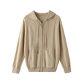 Man wearing a solid colour hooded cashmere knit cardigan with zipper front