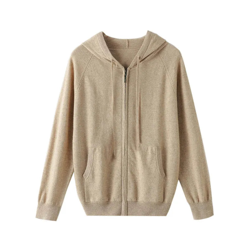 Man wearing a solid colour hooded cashmere knit cardigan with zipper front