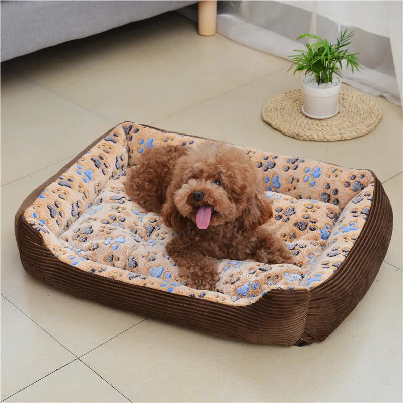 Beige soft plush pet bed for small dogs and cats in a sofa kennel design.