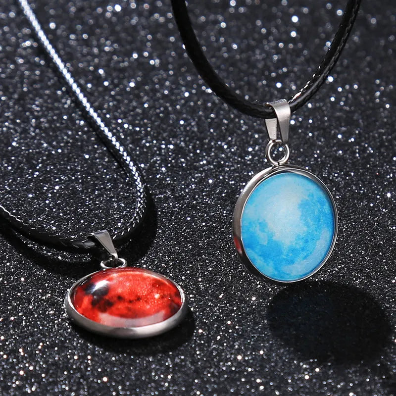 Time Stone constellation pendant necklace with organic glass pendant and alloy chain, showing adjustable length and colour options.