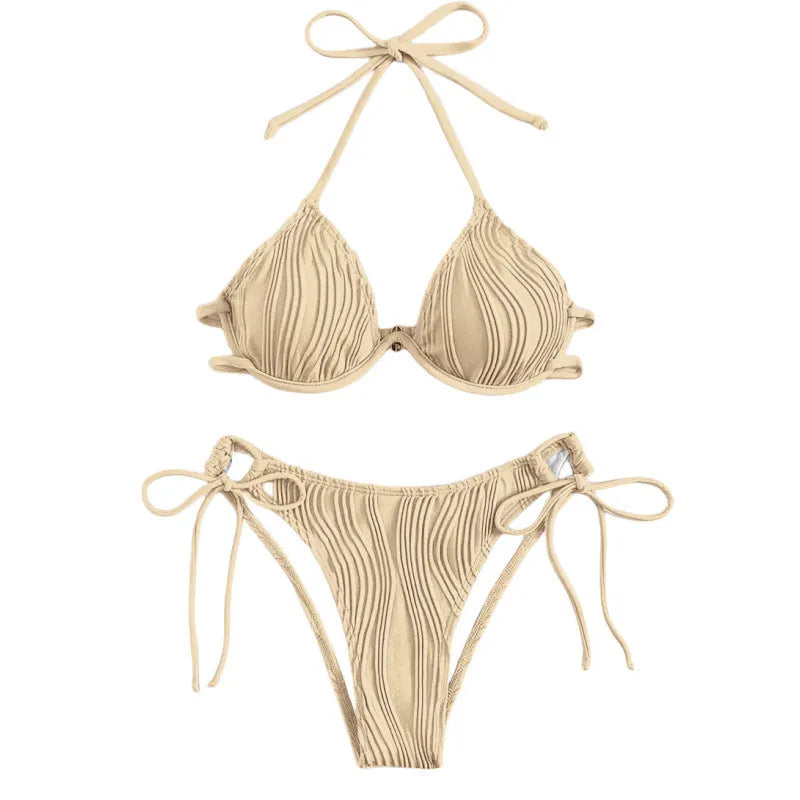 Women's split bikini swimsuit with steel bracket underwire in apricot colour, size M, for swimming.