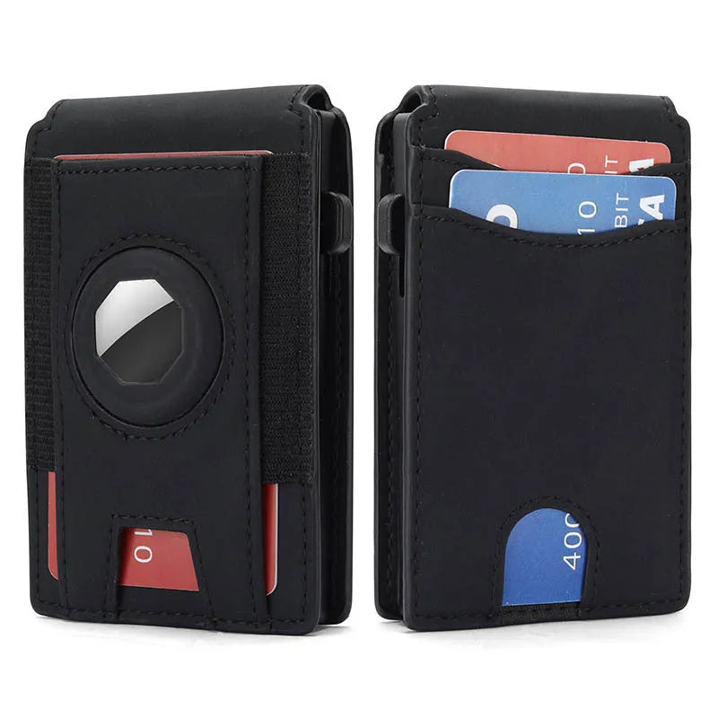 Slim synthetic leather men's card holder wallet in black, dark brown, and light brown colours.