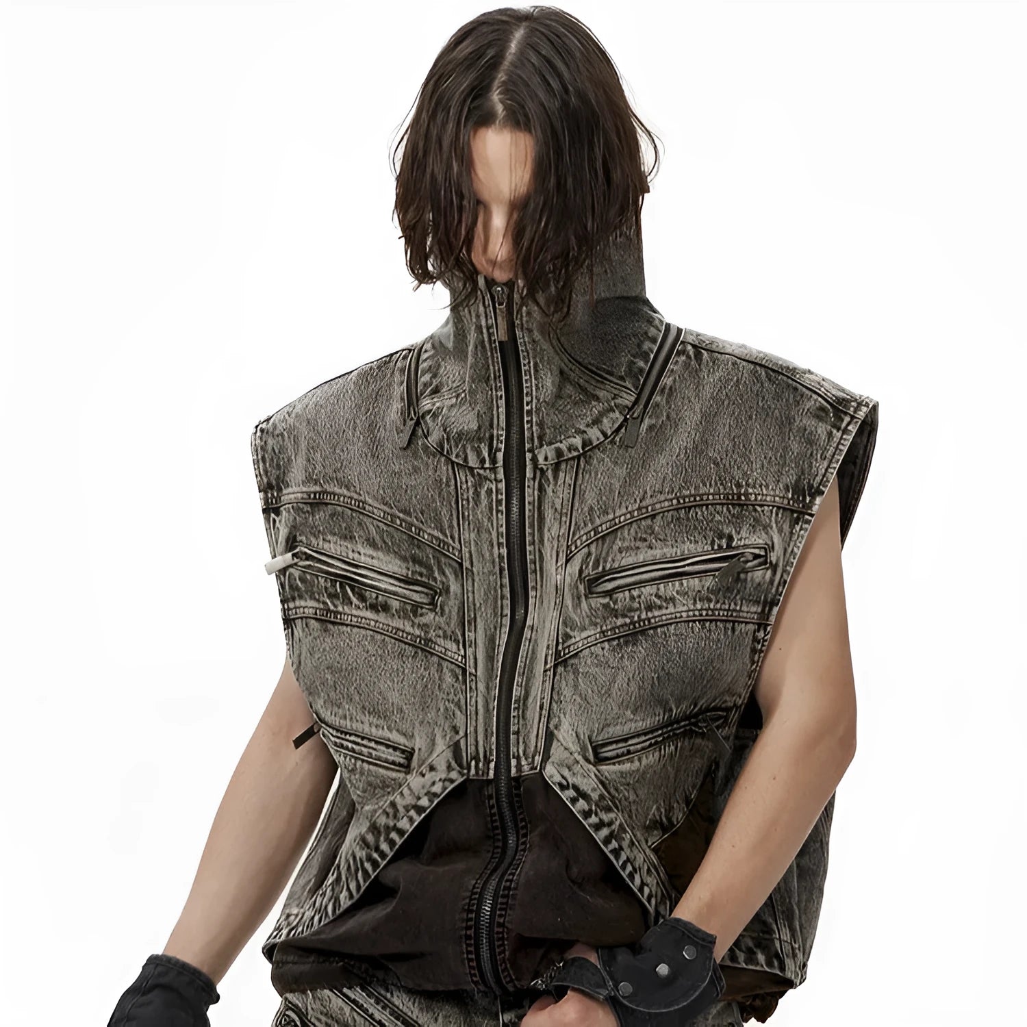 Men's sleeveless splicing denim vest jacket with front zipper