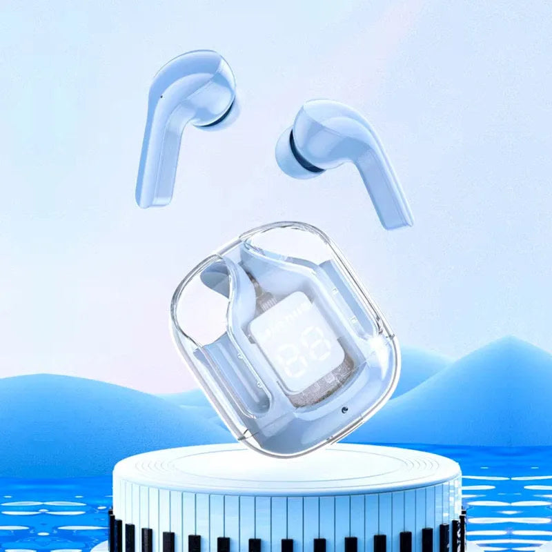 Transparent case true wireless Bluetooth earphones with digital display in five colour options