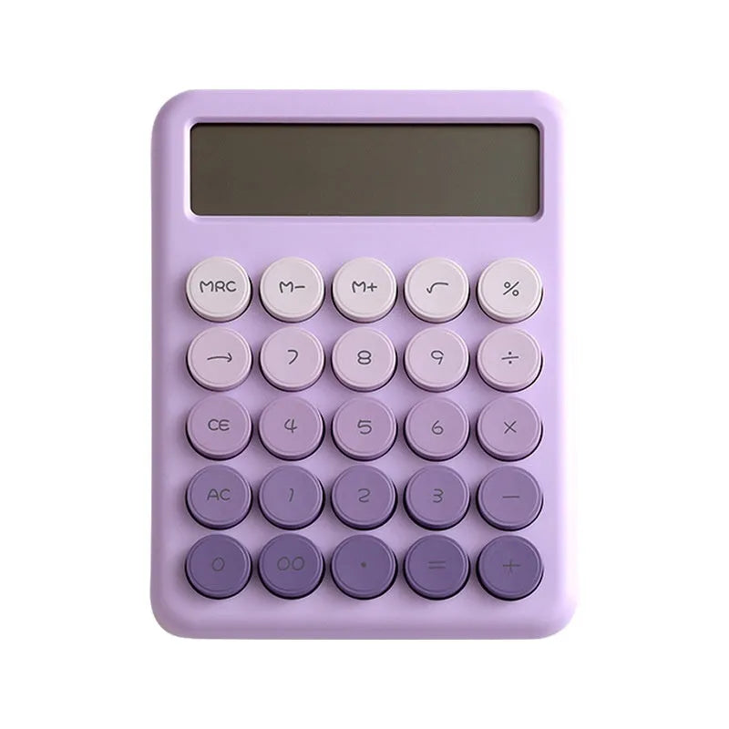 Dopamine gradient colour desk calculator showing 12-digit display with violet, blue, green, or pink colour options