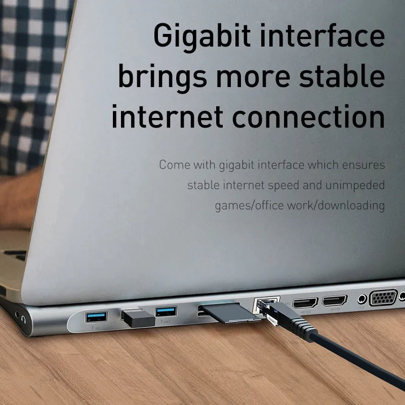 Ten-port aluminium alloy hub docking station with cooling bracket, showing HDMI, VGA, and USB ports