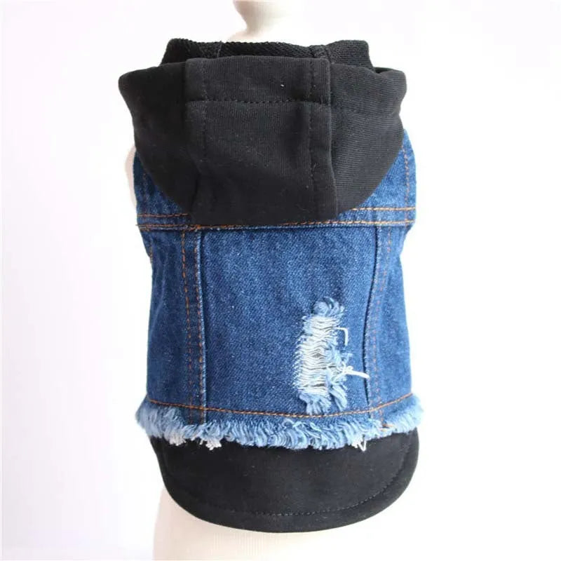 Denim dog hooded vest in black or red, British style pet clothing, sizes XS to XXL
