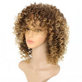 Front lace synthetic wig with long light gold curly hair and a black headband.