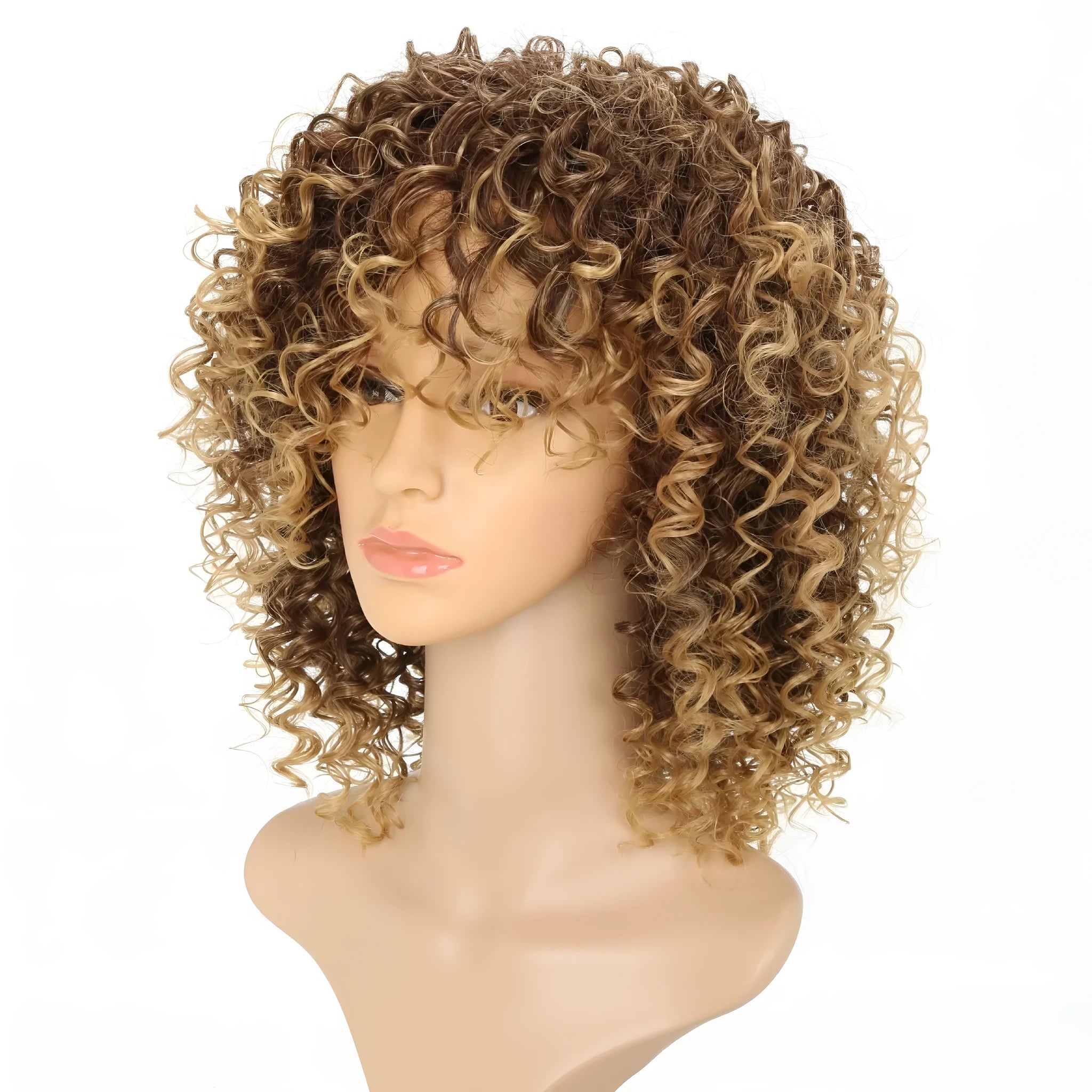 Front lace synthetic wig with long light gold curly hair and a black headband.