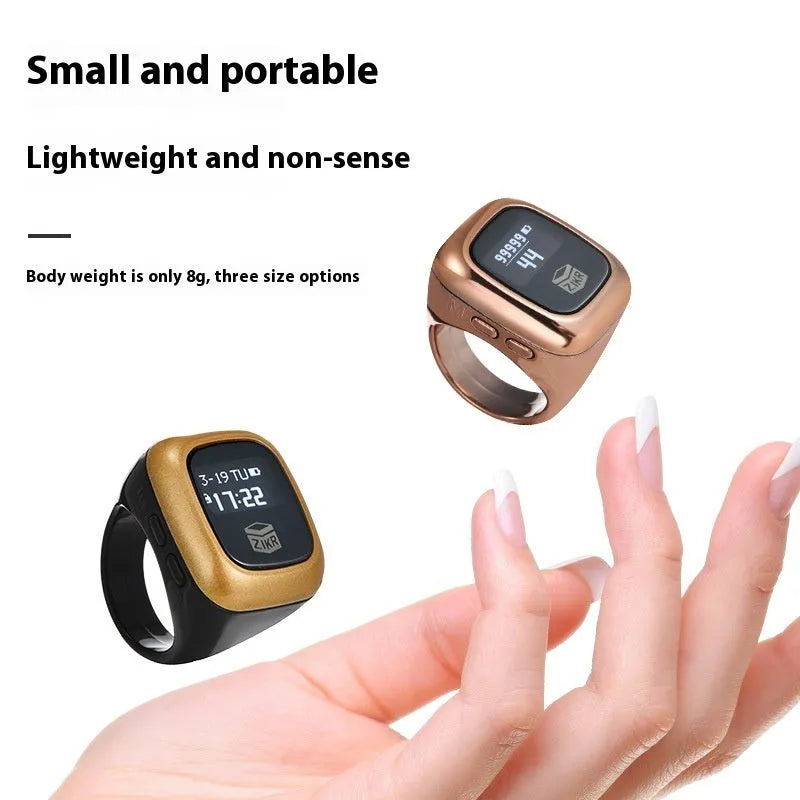 Al-fatiha Zikr electronic counter on wrist with digital display showing count, available in black, space grey, rose gold, silver, wine red, green.