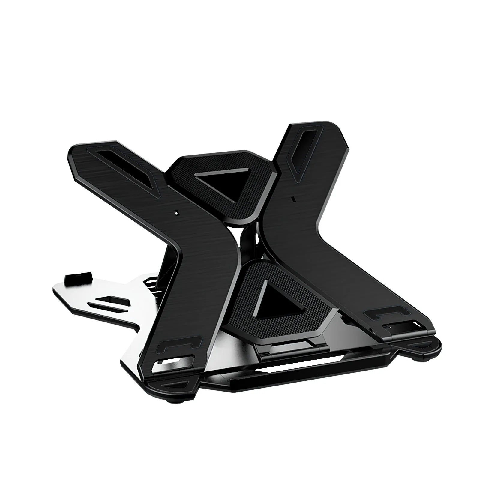 Black ABS plastic laptop cooling stand with slatted platform and adjustable tilt on a wooden desk.