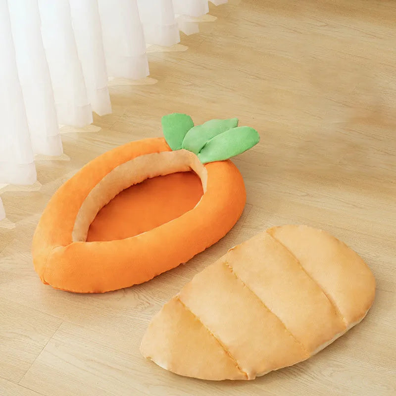 Carrot-shaped nesting dog bed with washable blanket for small or medium-sized pets