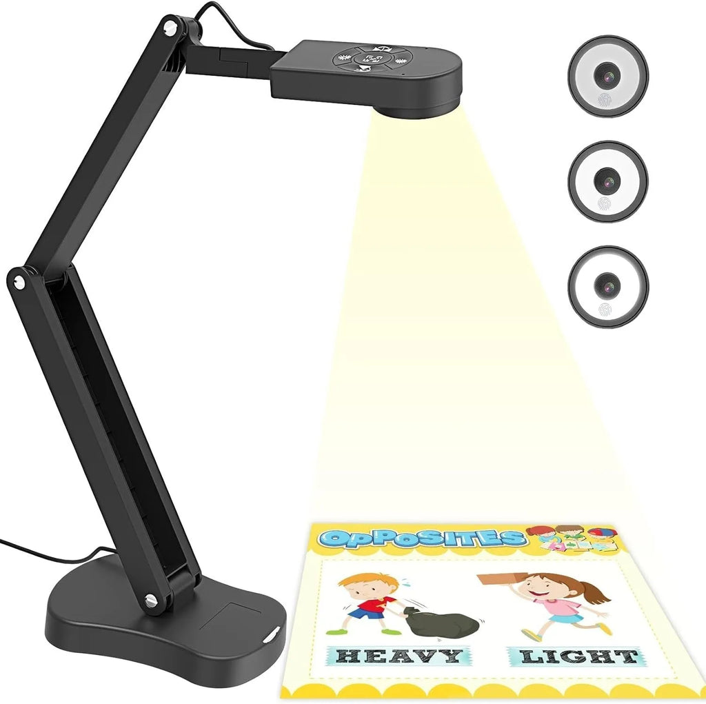 Computer live camera with microphone showing 8MP sensor, USB 2.0 cable, dimensions approximately 8x5x5cm