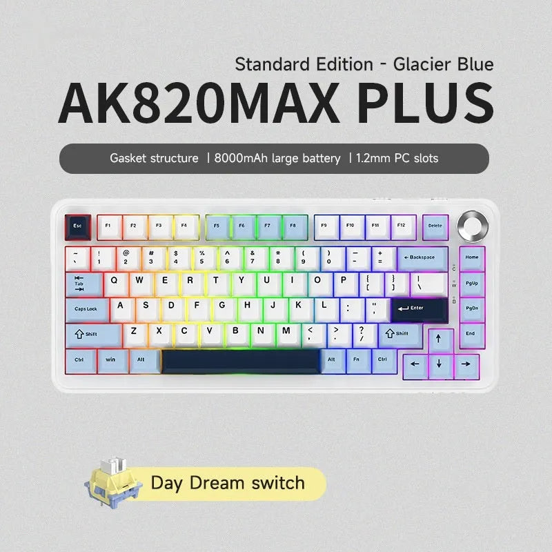 Three-mode mechanical keyboard with hot plug switches in black, grey and yellow colour options