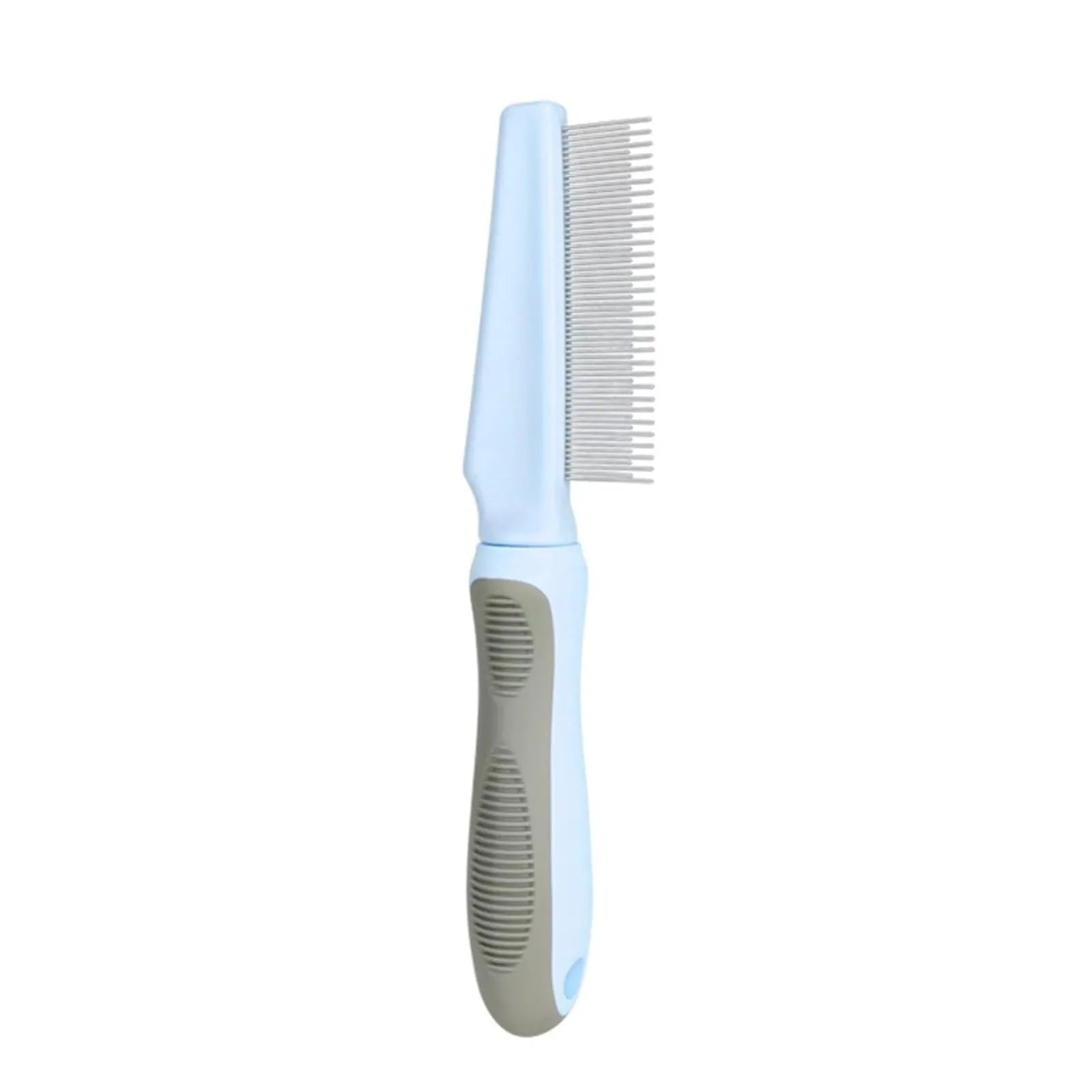 Blue pet detangler comb with three types of teeth and rubber handle for grooming cats and dogs