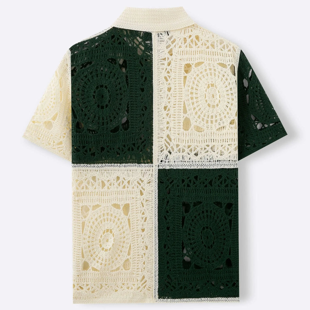 Men's beige colourblock short sleeve knitwear shirt with flocking detail showing front view
