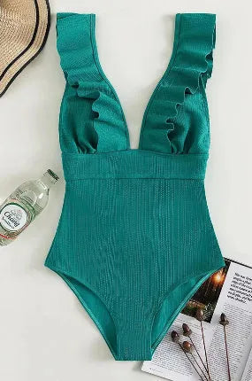 Women's black one-piece swimsuit with ruffled shoulder straps and an adjustable lace-up back closure.