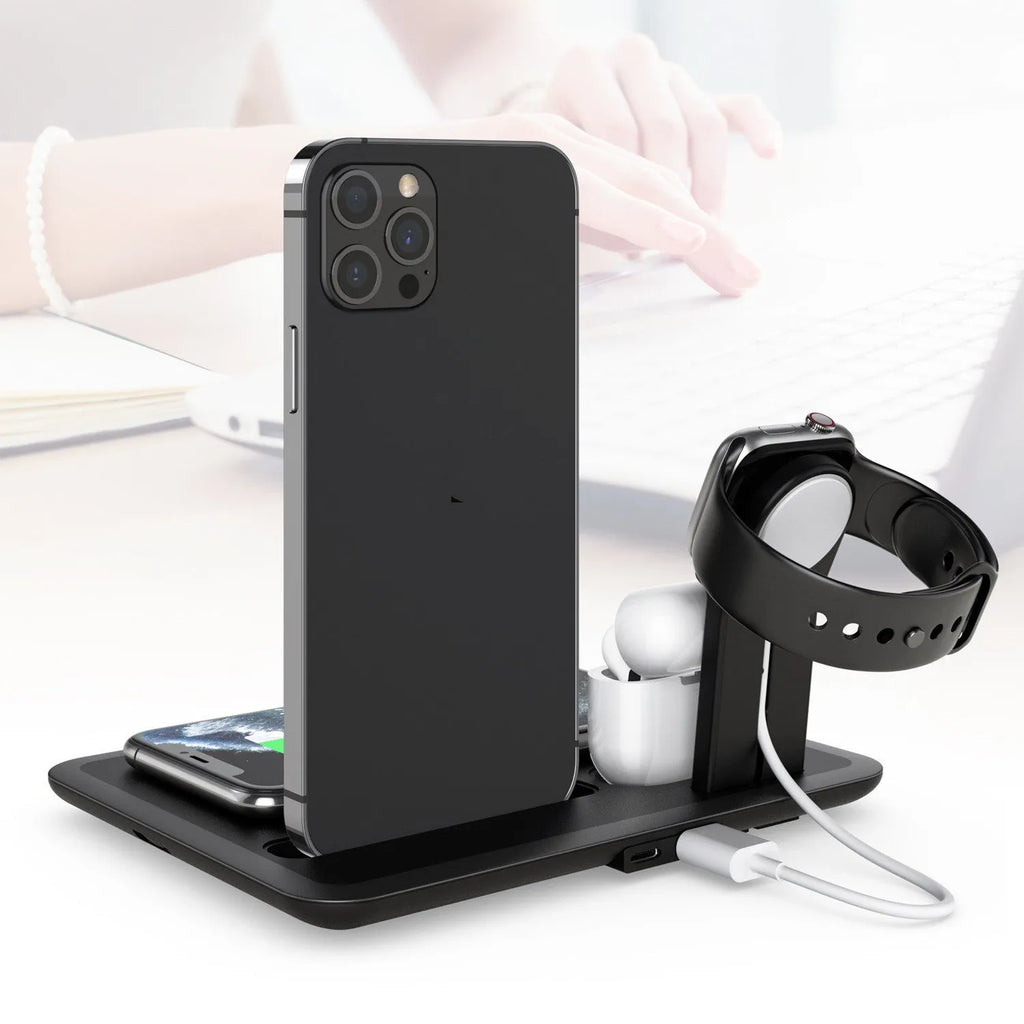 Black wireless charging station on desk with phone, watch, and headphones connected, showing 175mm size