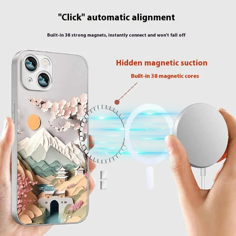 Magnetic silicone phone case with Lichun Mountain map design, drop-resistant protective shell for iPhone