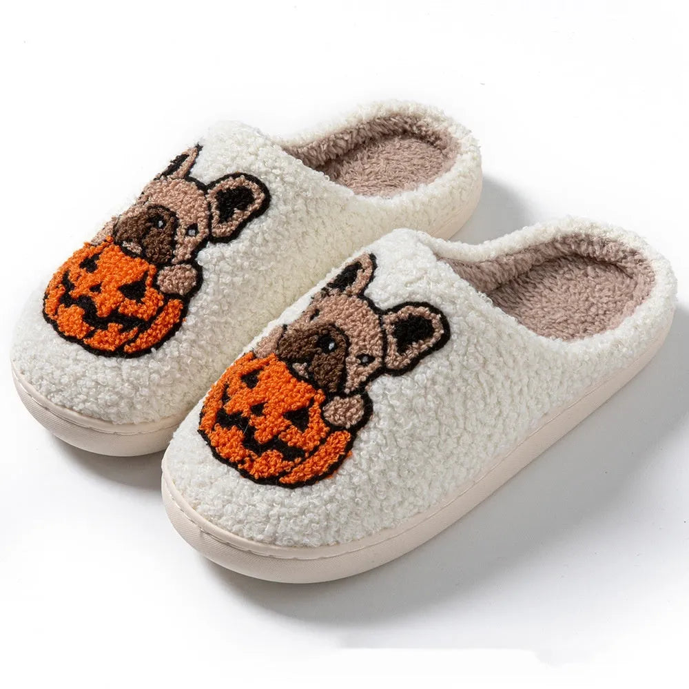 Halloween pumpkin slippers with plush upper and non-slip TPR soles in black and white