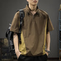 Men's business shirt casual T-shirt in brown or purple with half-zipped stand collar and short sleeves for summer.