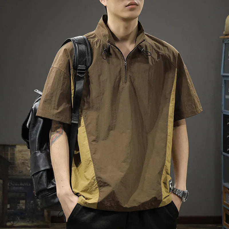 Men's business shirt casual T-shirt in brown or purple with half-zipped stand collar and short sleeves for summer.