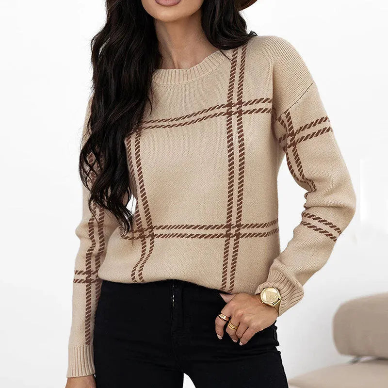 Women's plaid colour-block crew neck sweater showing apricot, black, beige, red, and green stripe options