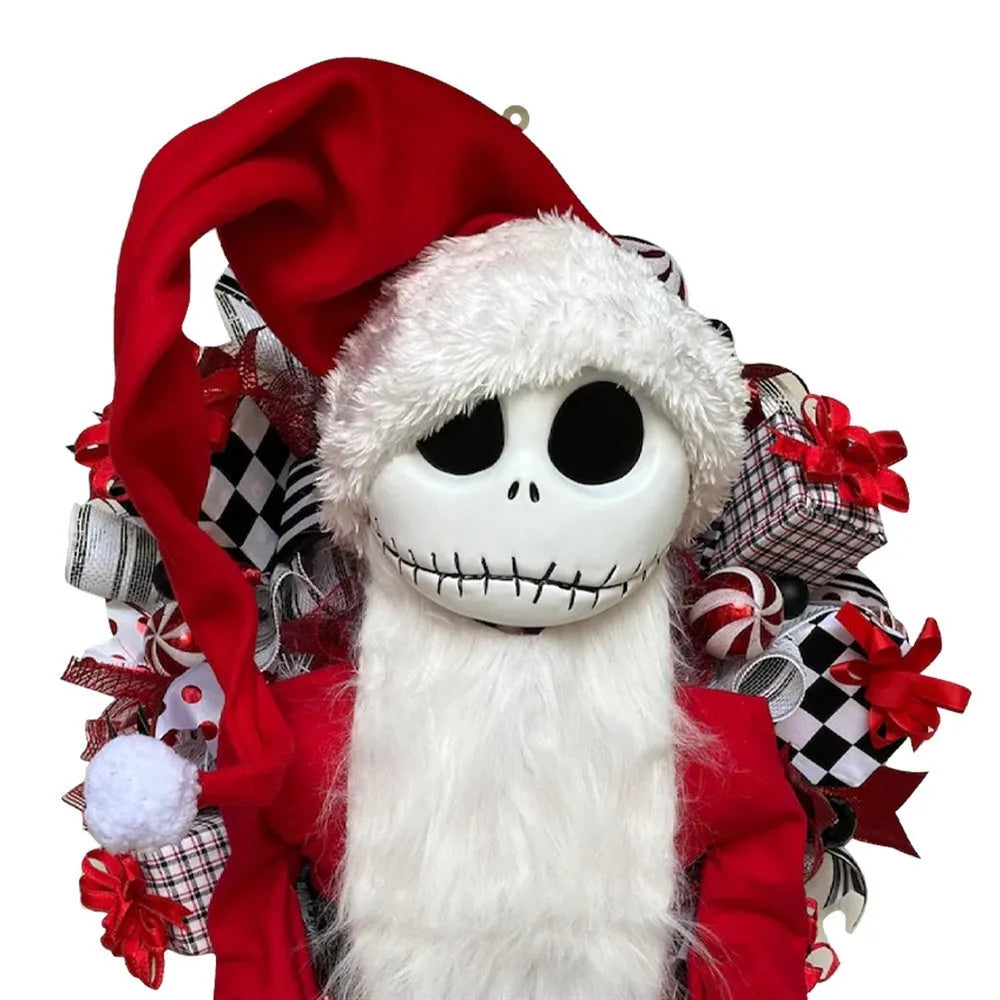Three-dimensional Jack doll Christmas garland with wood and fabric construction for window displays