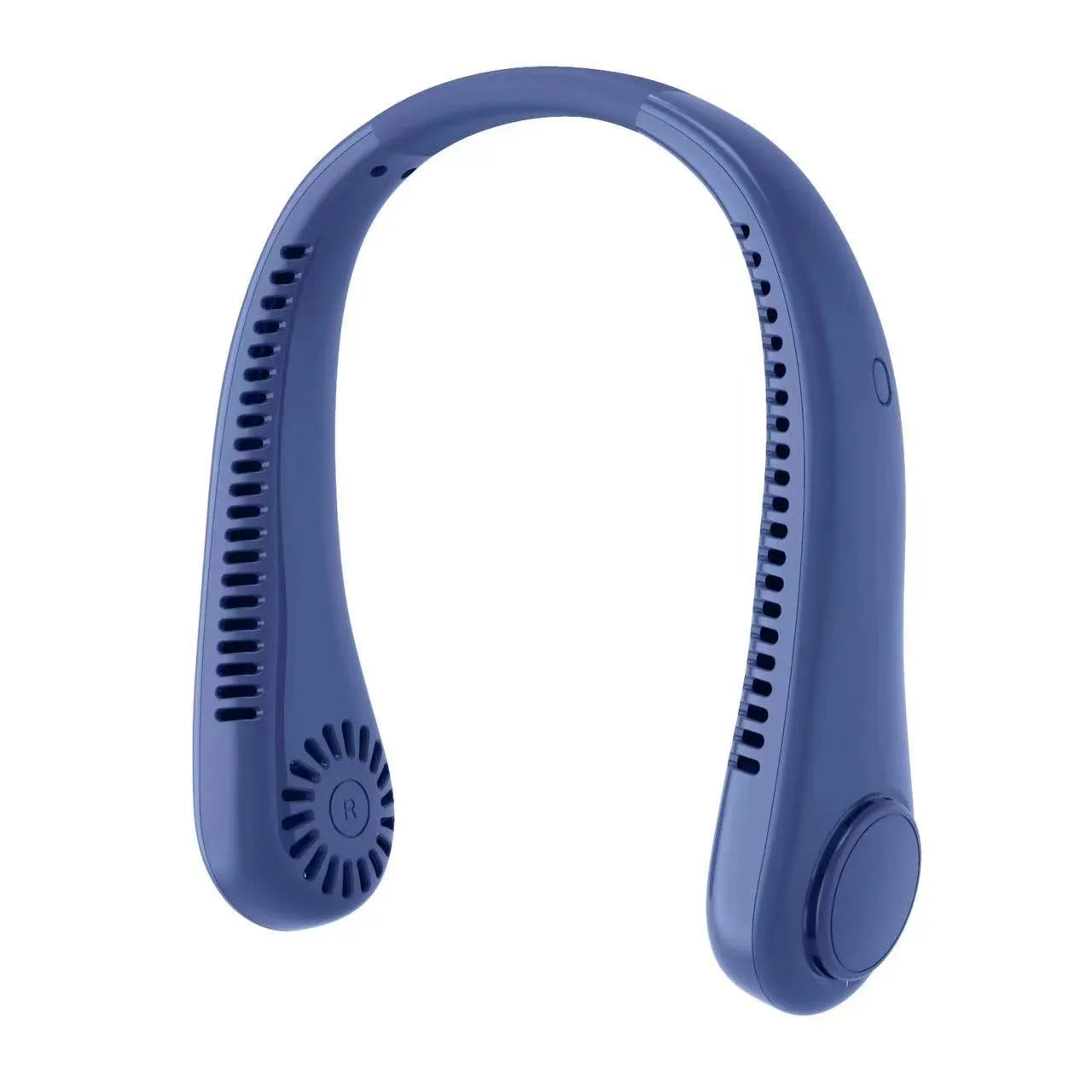 White bladeless neck fan hanging around neck showing decentralised air outlet design
