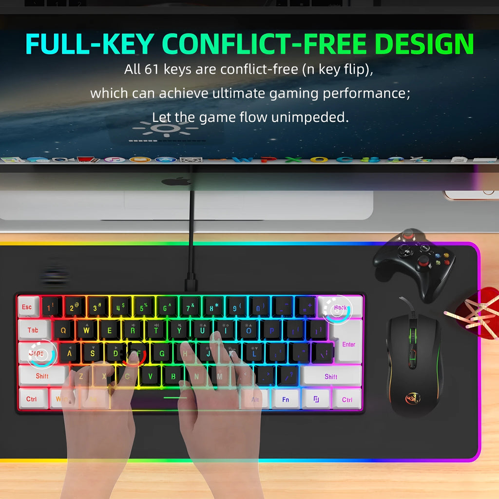 V700WB white and black gaming keyboard and mouse suit with backlit keys on a desk.