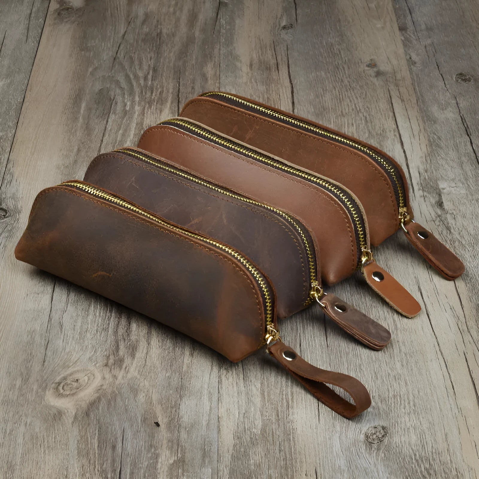 Genuine cowhide leather rectangular glasses and pencil case with a zipper in black, brown, dark brown, or yellow.
