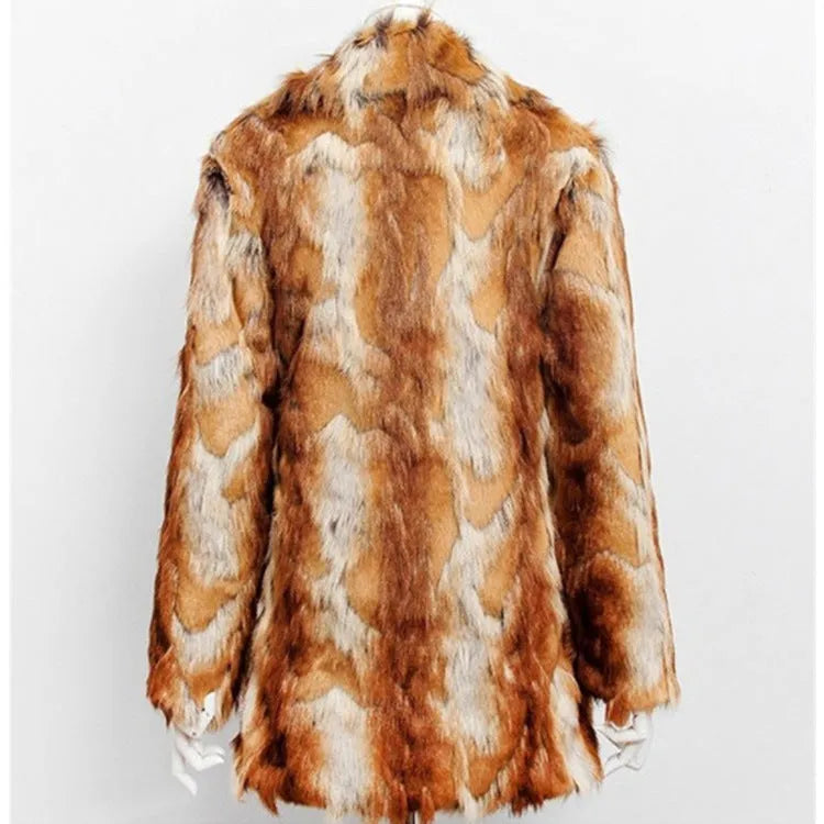Women's tiger pattern artificial fur jacket with 65cm medium length and street fashion styling