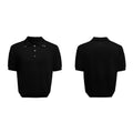 Men's black short-sleeved shirt with double collar design and slim knit fabric, laid flat.