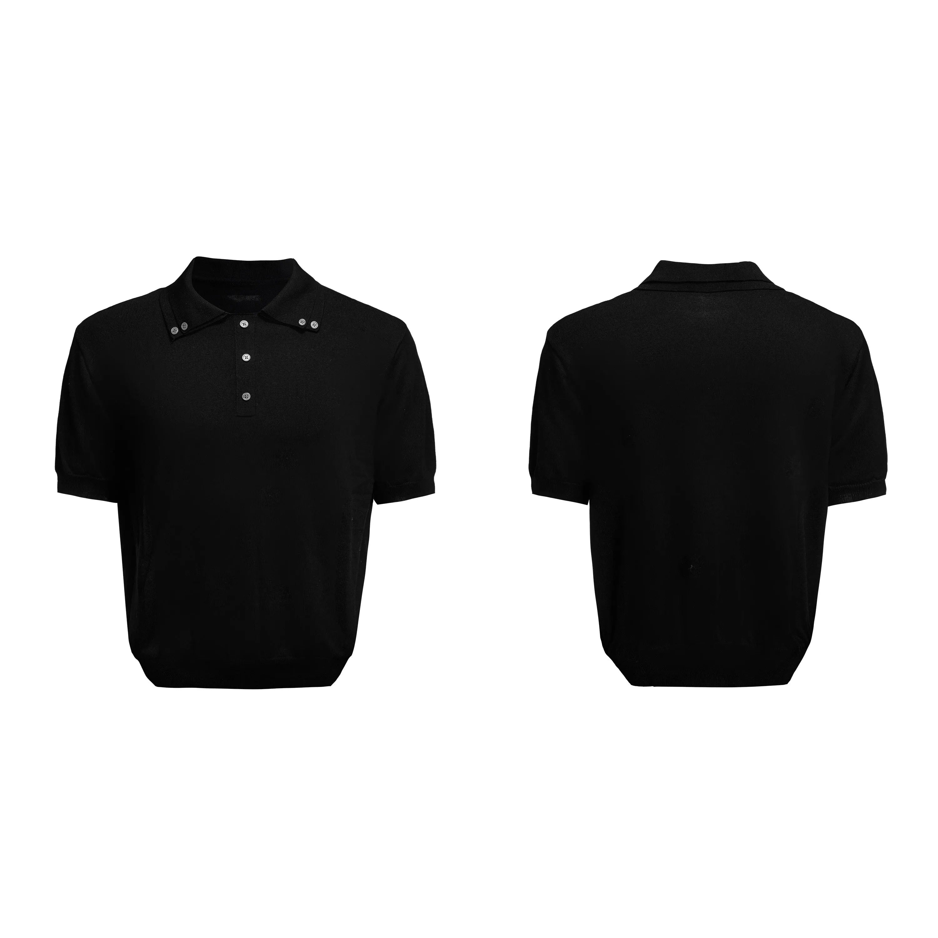 Men's black short-sleeved shirt with double collar design and slim knit fabric, laid flat.